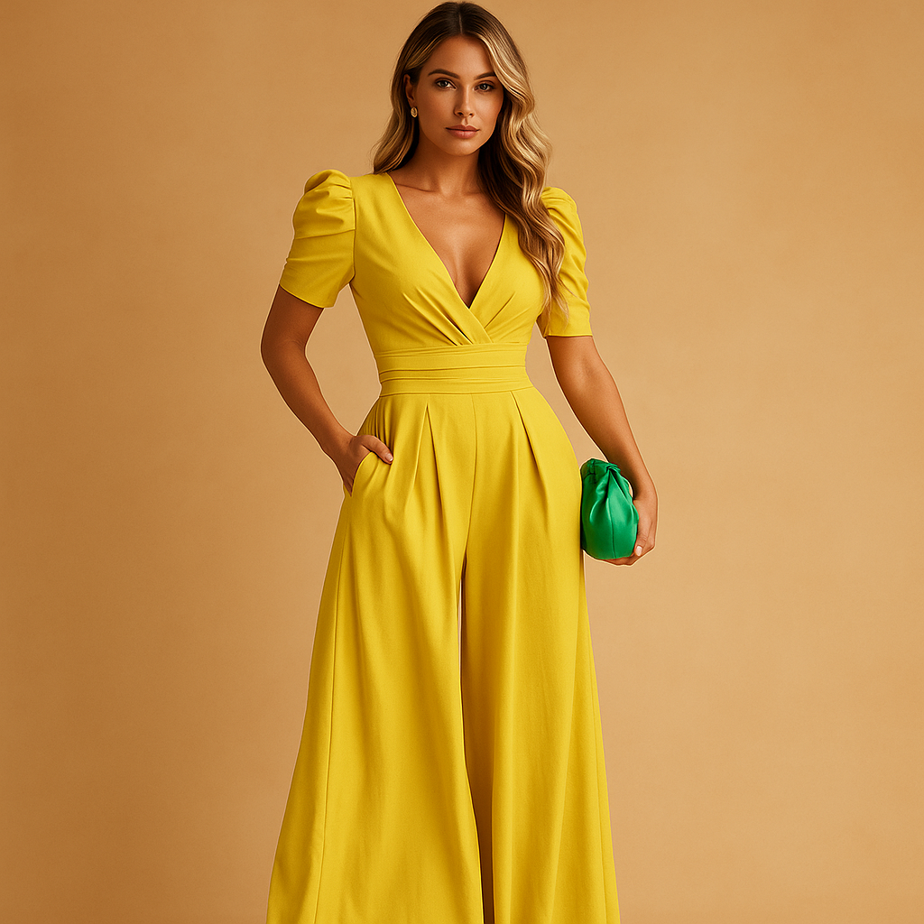 Elegant long jumpsuit for women with tailored fit in peach, black, yellow, turquoise, and red, ideal for formal and upscale occasions.