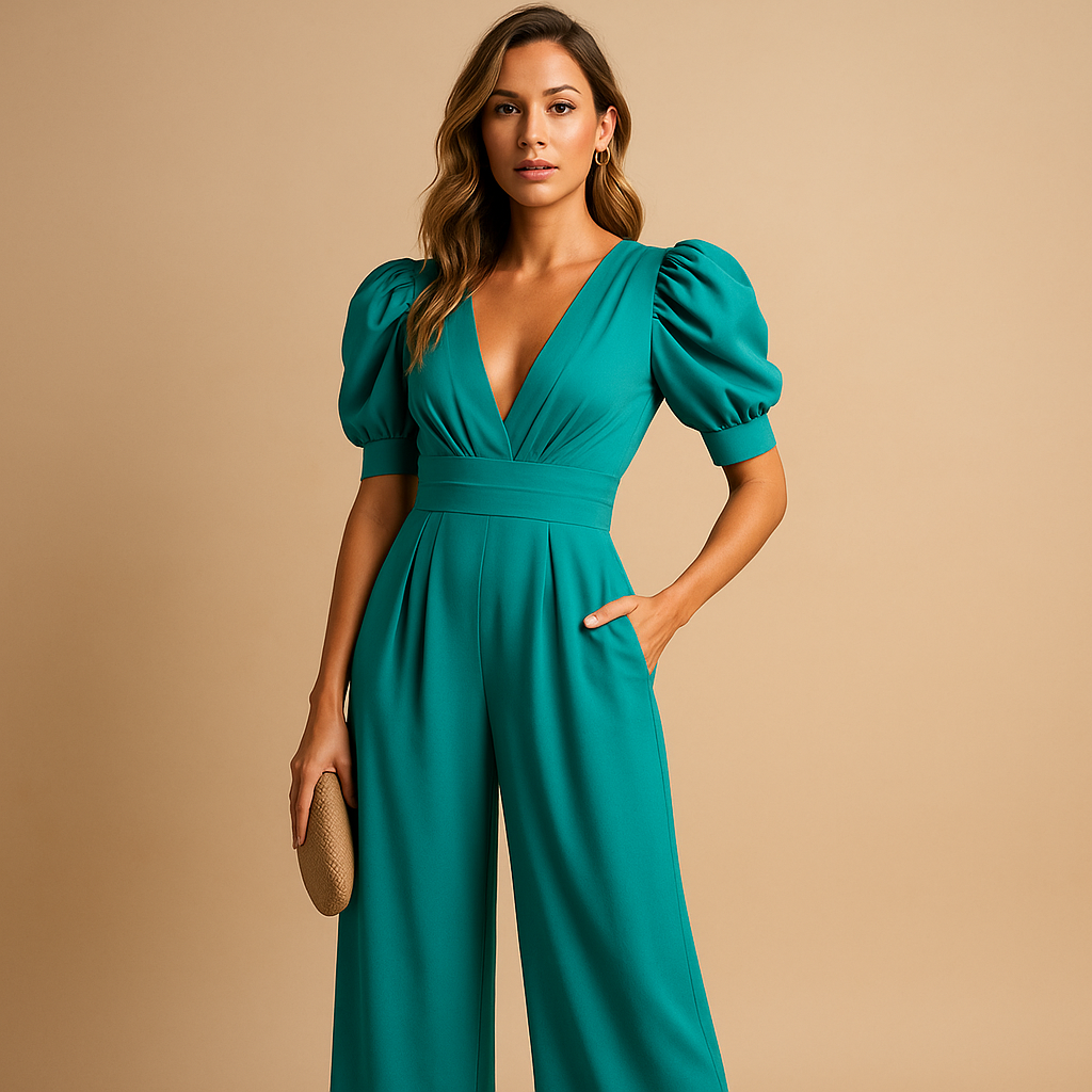 Elegant long jumpsuit for women with tailored fit in peach, black, yellow, turquoise, and red, ideal for formal and upscale occasions.