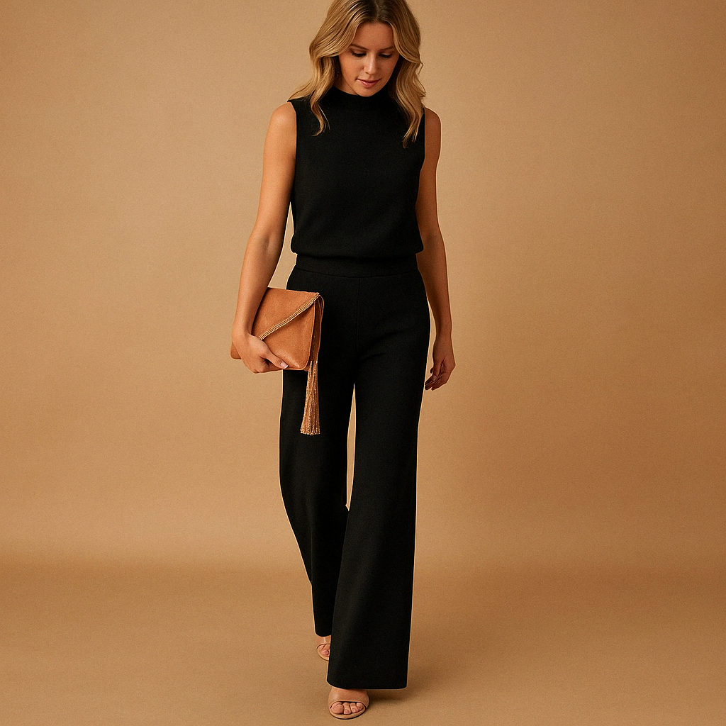 Elegant wide-leg jumpsuit for women with a mid-waist fit and round neckline, available in pink, red, blue, and black for work or evening events.