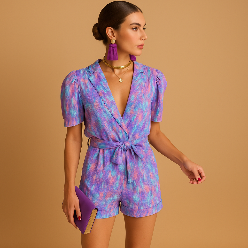 Short printed summer jumpsuit for women in pink and purple with belt and tailored fit, perfect for warm days and stylish outings.