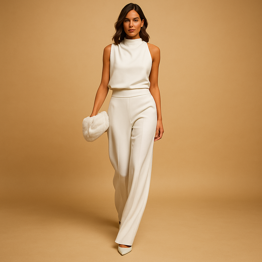 Women’s elegant sleeveless halter jumpsuit with wide legs, high waist, and bow detail, ideal for summer parties, dinners, or evenings out.