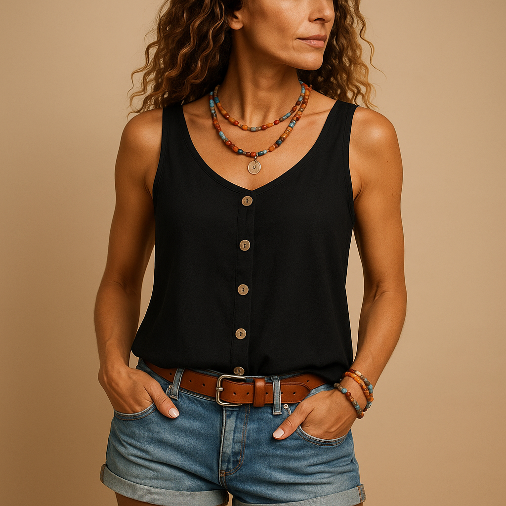 Women’s sleeveless summer top with V-neck, relaxed fit, and vibrant colors, perfect for casual warm-weather outfits.