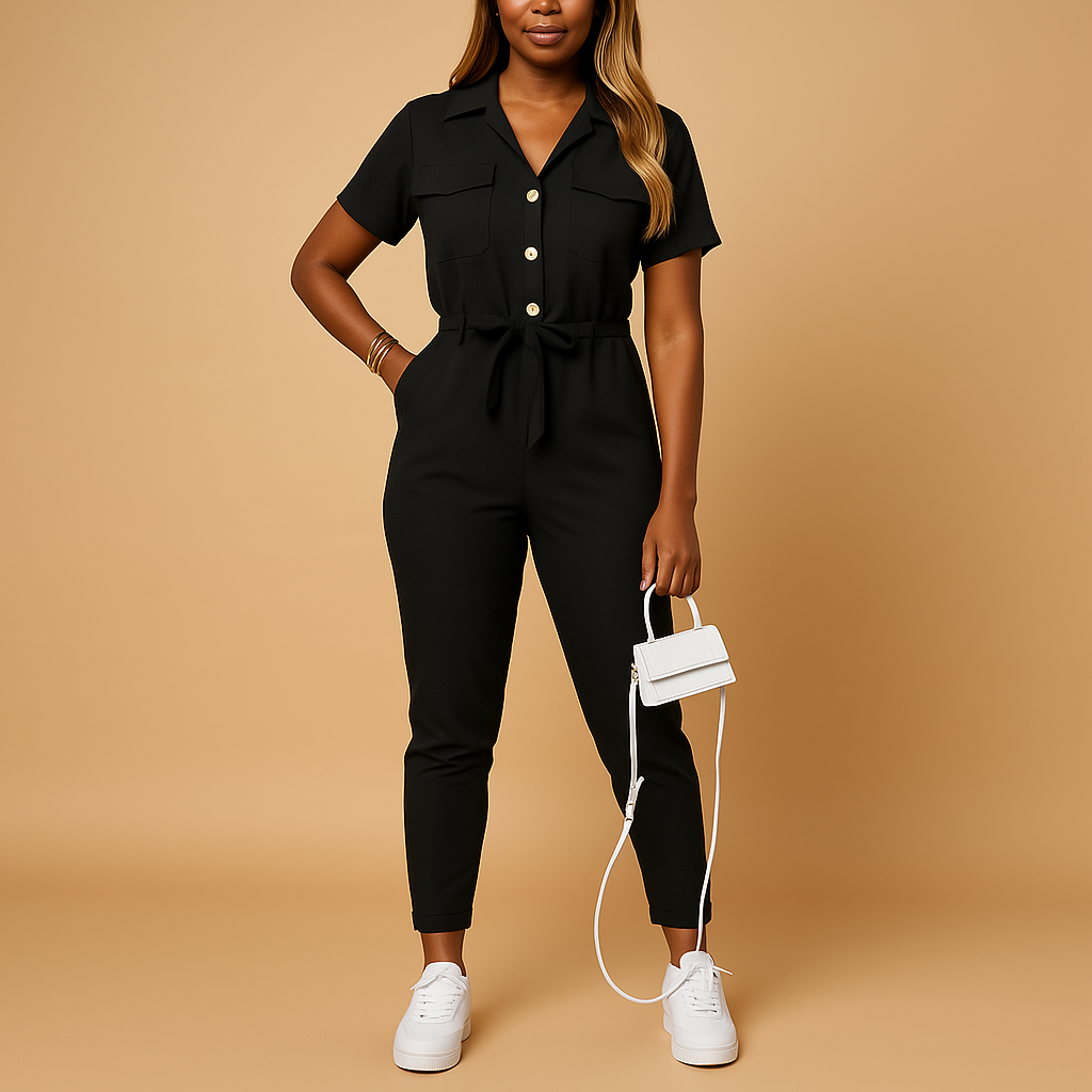 Stylish one-piece tailored jumpsuit for women with button detailing and a flattering fit, perfect for work, brunch, and social events.
