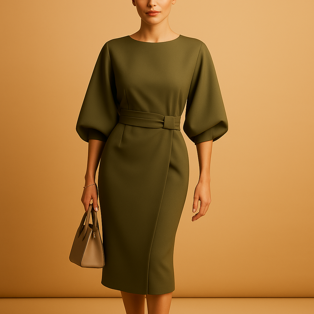 Women’s A-line midi dress with waist belt and flared sleeves. Elegant tailored fit, perfect for office wear, dinners, and semi-formal occasions.
