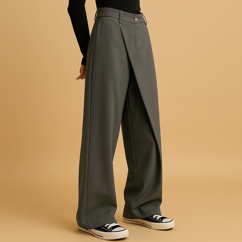 Women’s asymmetric baggy pants with double-button closure and relaxed fit, ideal for casual and chic modern outfits.