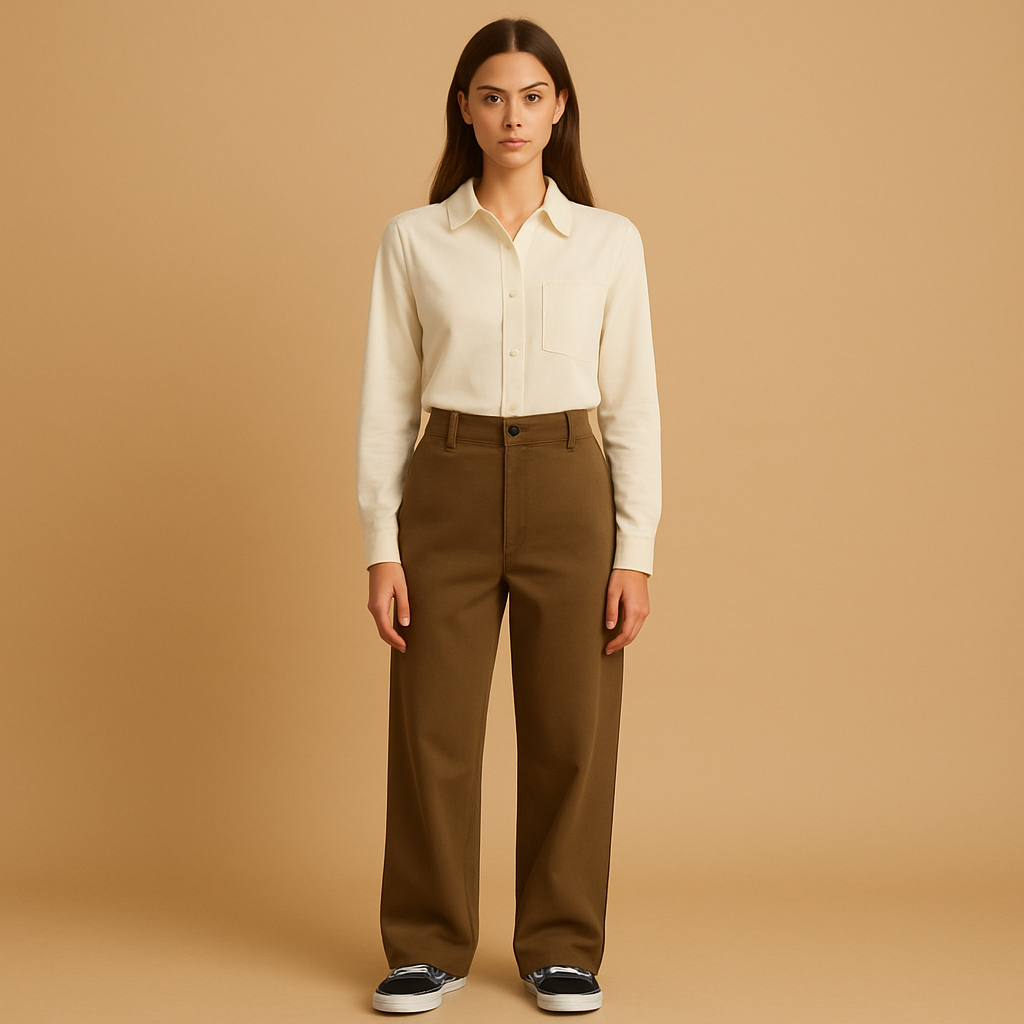 Women’s asymmetric baggy pants with double-button closure and relaxed fit, ideal for casual and chic modern outfits.