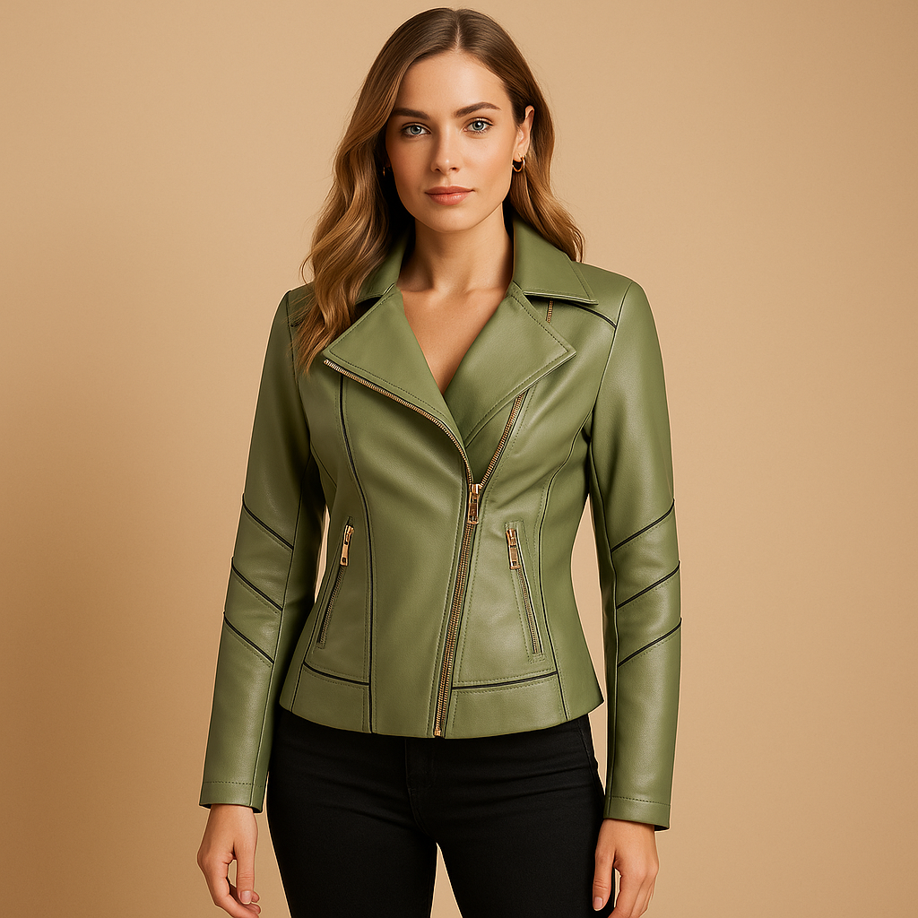Women’s jacket with asymmetrical zipper, lapel collar, and metal stud details, perfect for autumn and spring outfits.