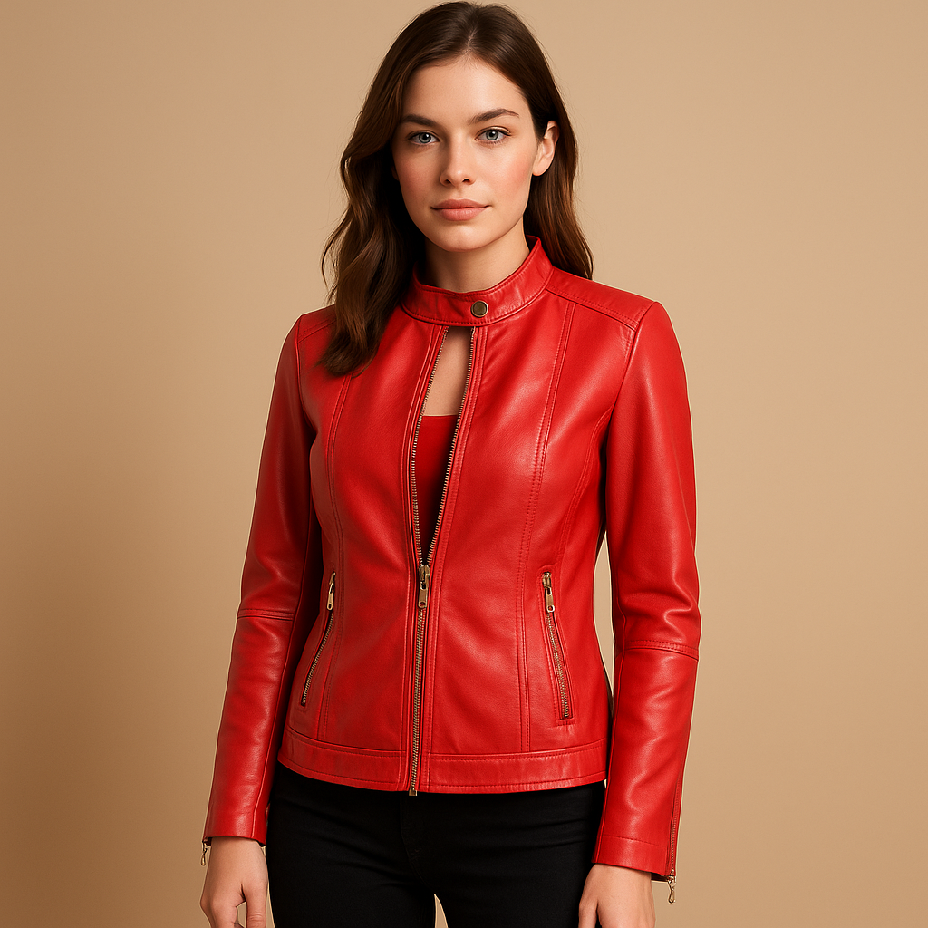 Women’s biker jacket with symmetrical zipper, lapel collar, and metal accents, ideal for casual and evening outfits.
