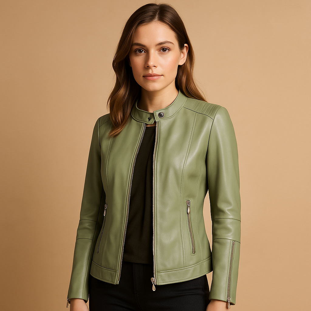 Women’s biker jacket with symmetrical zipper, lapel collar, and metal accents, ideal for casual and evening outfits.