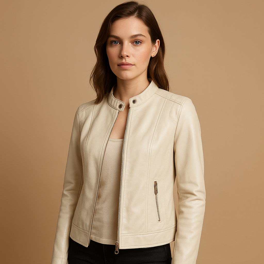 Women’s biker jacket with symmetrical zipper, lapel collar, and metal accents, ideal for casual and evening outfits.