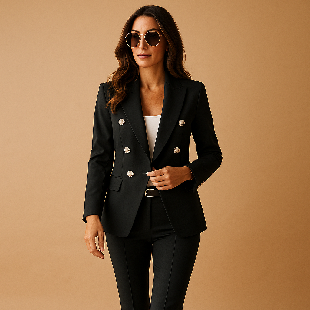 Blazer and trousers suit set for women with elegant tailored fit, available in black, red, and blue, perfect for business meetings or formal occasions.