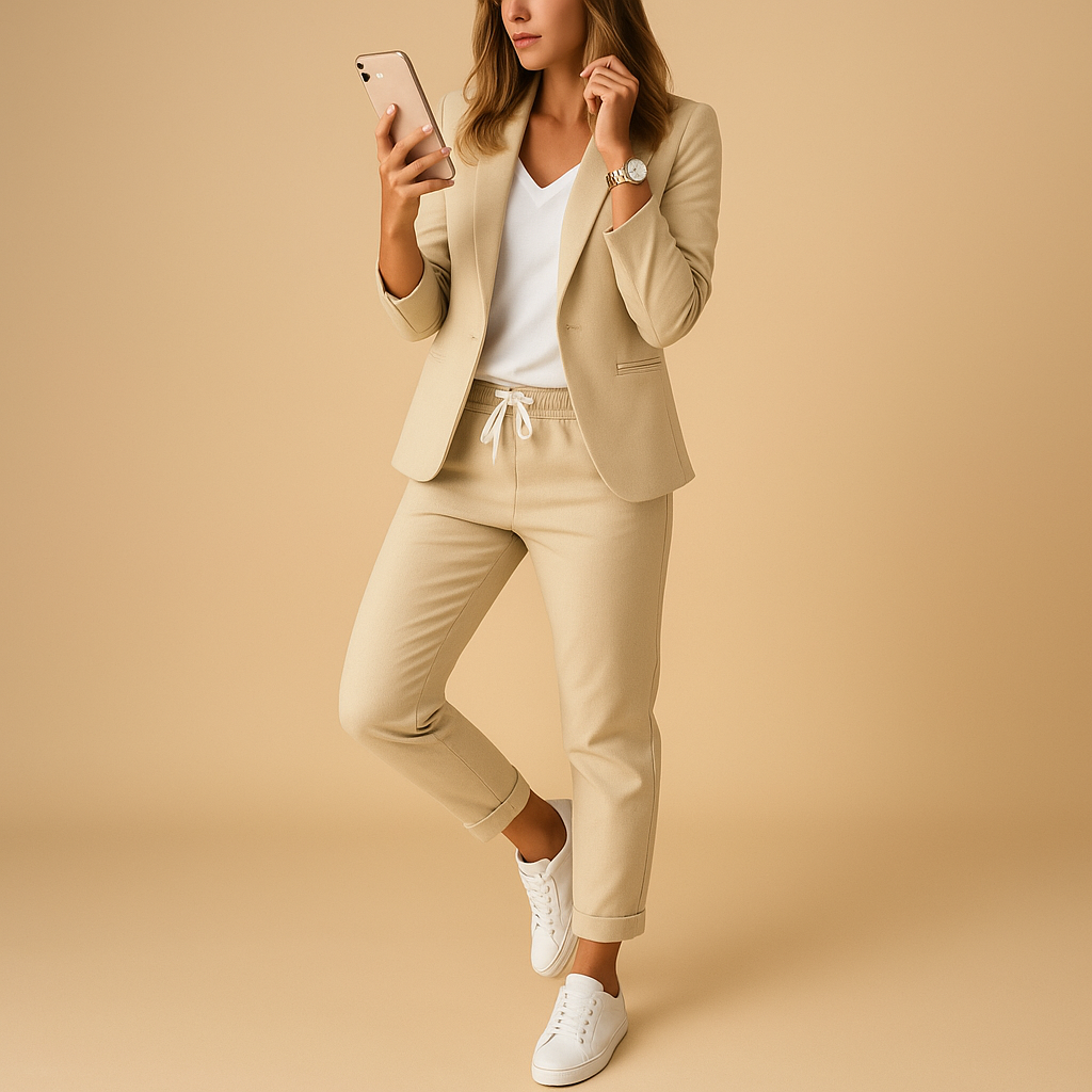 Elegant blazer and pants set for women with tailored fit and breathable fabric, perfect for office wear, evening dinners, and formal occasions.