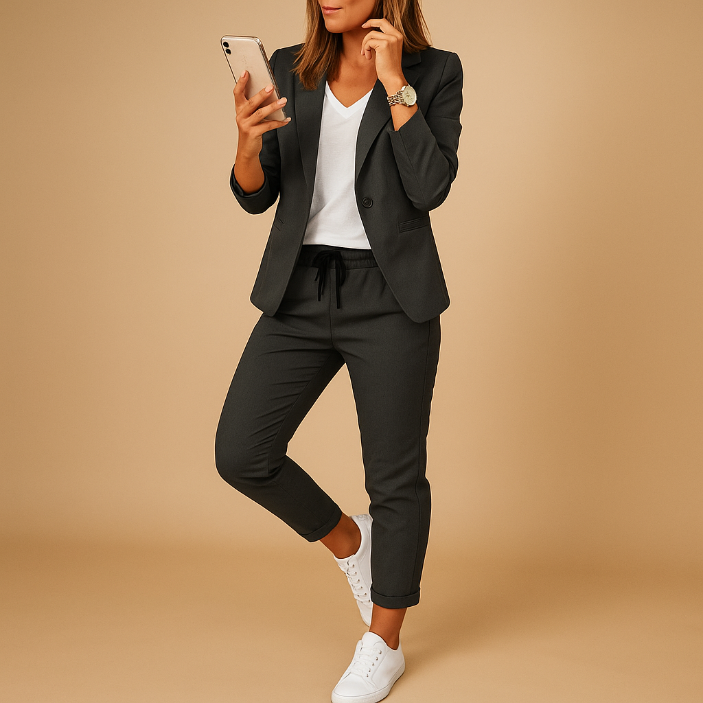 Elegant blazer and pants set for women with tailored fit and breathable fabric, perfect for office wear, evening dinners, and formal occasions.