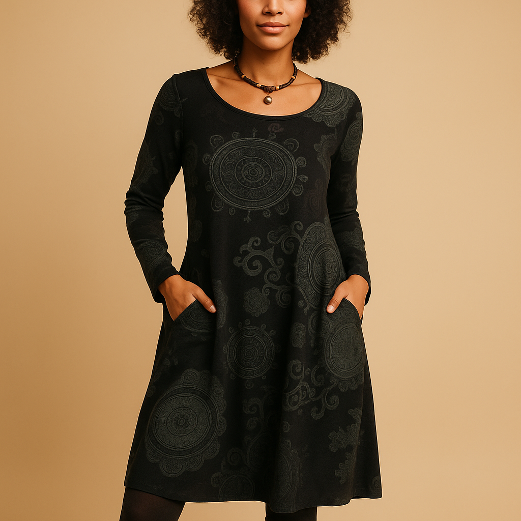 Bohemian maxi dress for women named Dahlia, featuring a loose fit, long sleeves, and pockets in warm tones for a stylish, relaxed boho look.