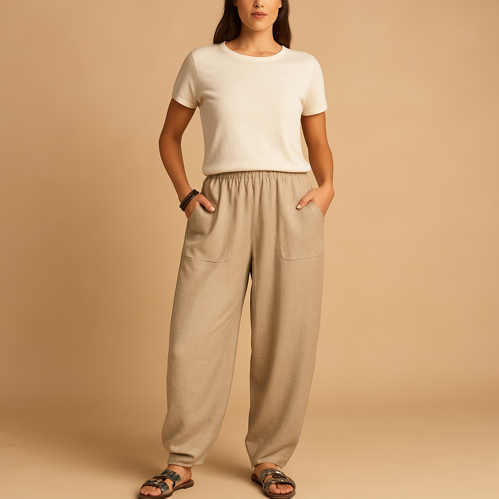 Women’s boho high-waist summer pants with loose fit and functional pockets, perfect for warm days and casual elegant looks.