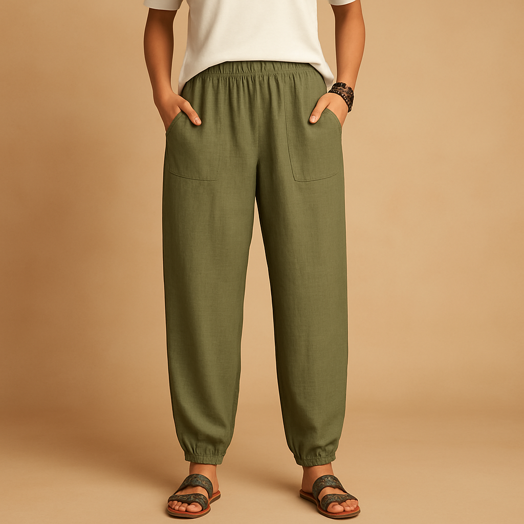 Women’s boho high-waist summer pants with loose fit and functional pockets, perfect for warm days and casual elegant looks.