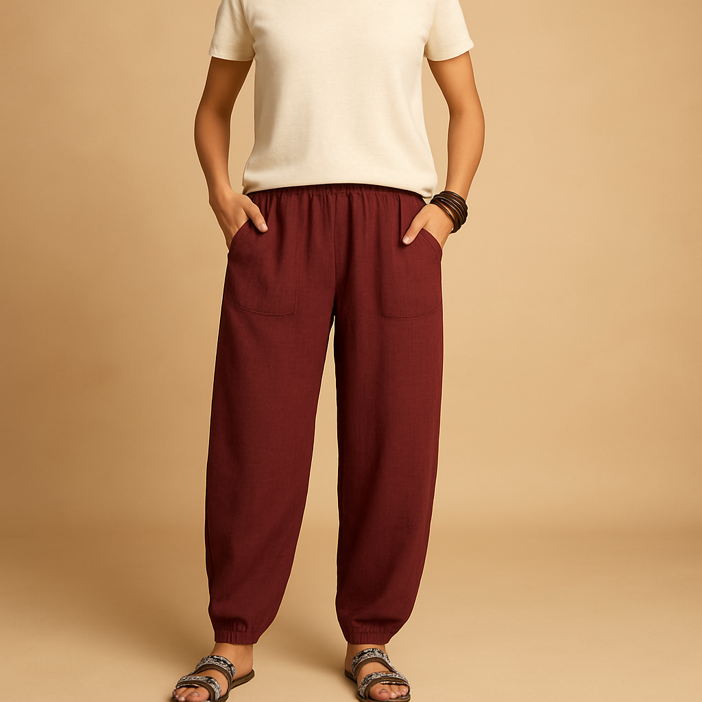 Women’s boho high-waist summer pants with loose fit and functional pockets, perfect for warm days and casual elegant looks.
