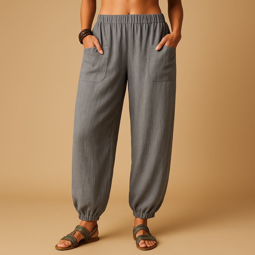 Women’s boho high-waist summer pants with loose fit and functional pockets, perfect for warm days and casual elegant looks.