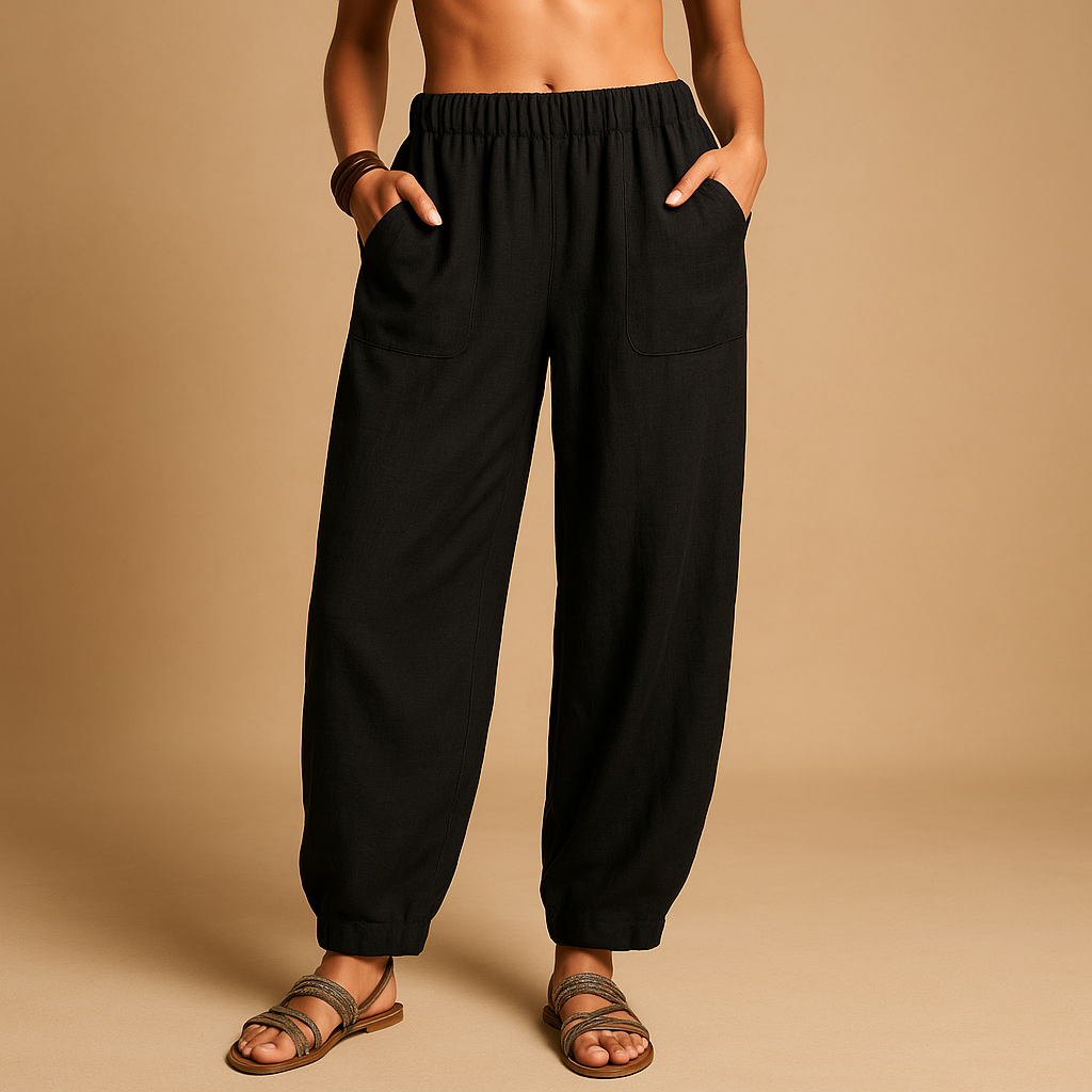 Women’s boho high-waist summer pants with loose fit and functional pockets, perfect for warm days and casual elegant looks.
