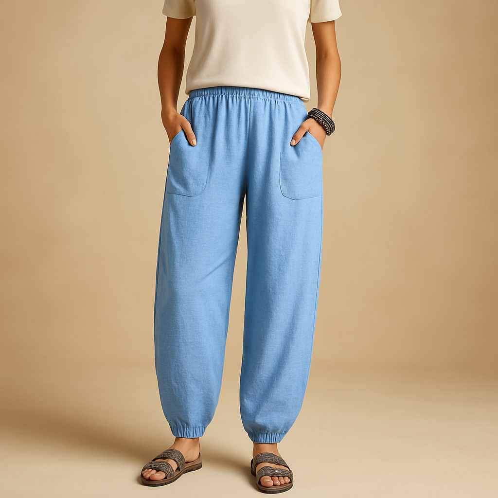 Women’s boho high-waist summer pants with loose fit and functional pockets, perfect for warm days and casual elegant looks.