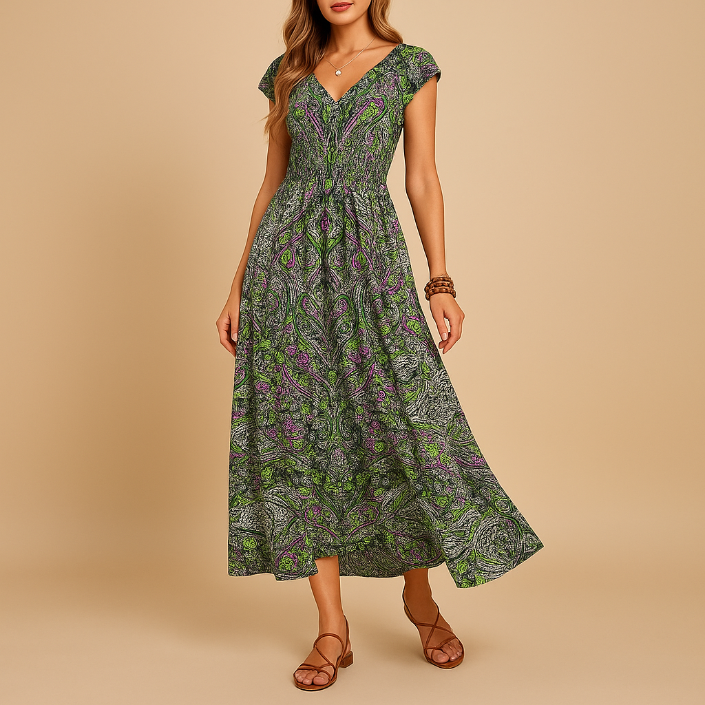 Flowy boho women’s maxi dress in vibrant colors, perfect for summer days, beach trips, and festivals.