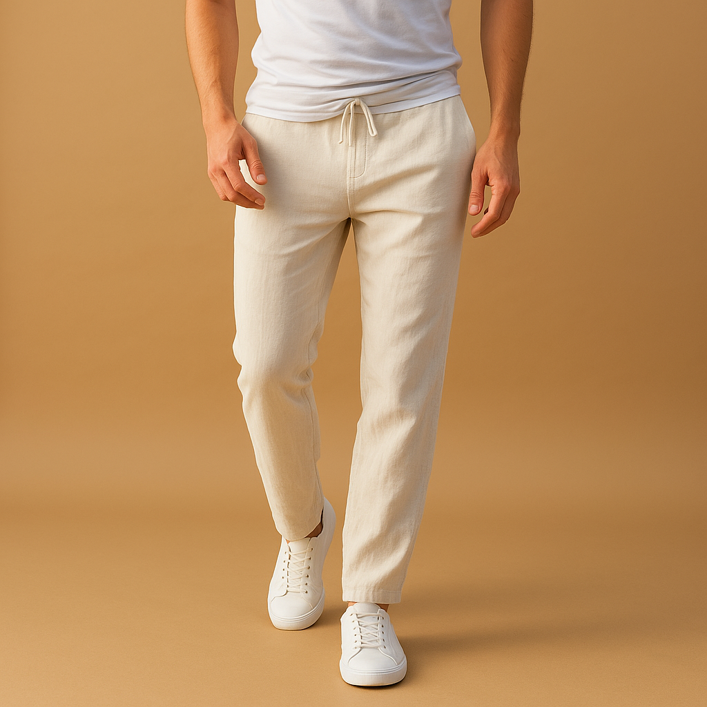 Men’s casual cotton pants with elastic waistband, breathable fabric, perfect for daily wear and home comfort.