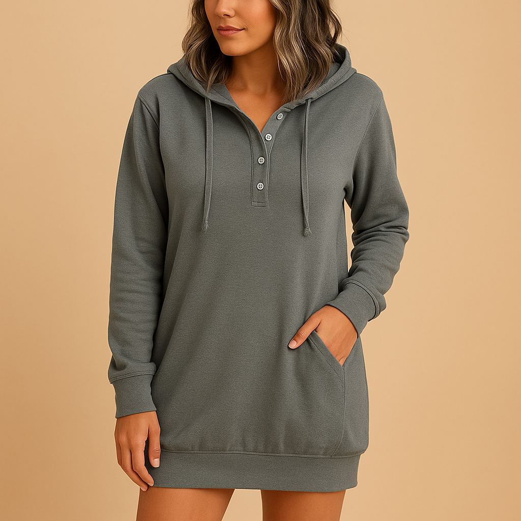 Casual hoodie dress for women in minimalist solid color, made with soft breathable fabric, ideal for streetwear, travel, and casual outfits.