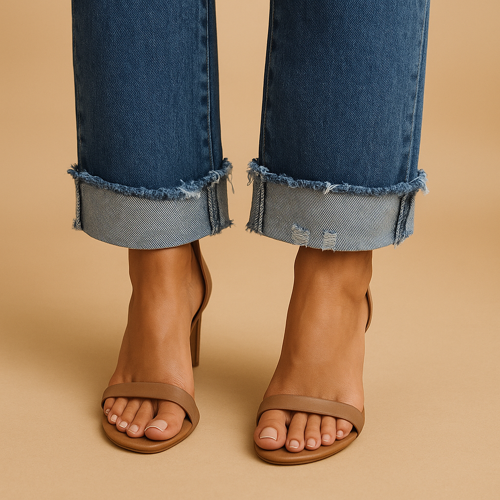Women’s casual jeans with asymmetrical waistband and relaxed fit, perfect for trendy everyday and urban outfits.