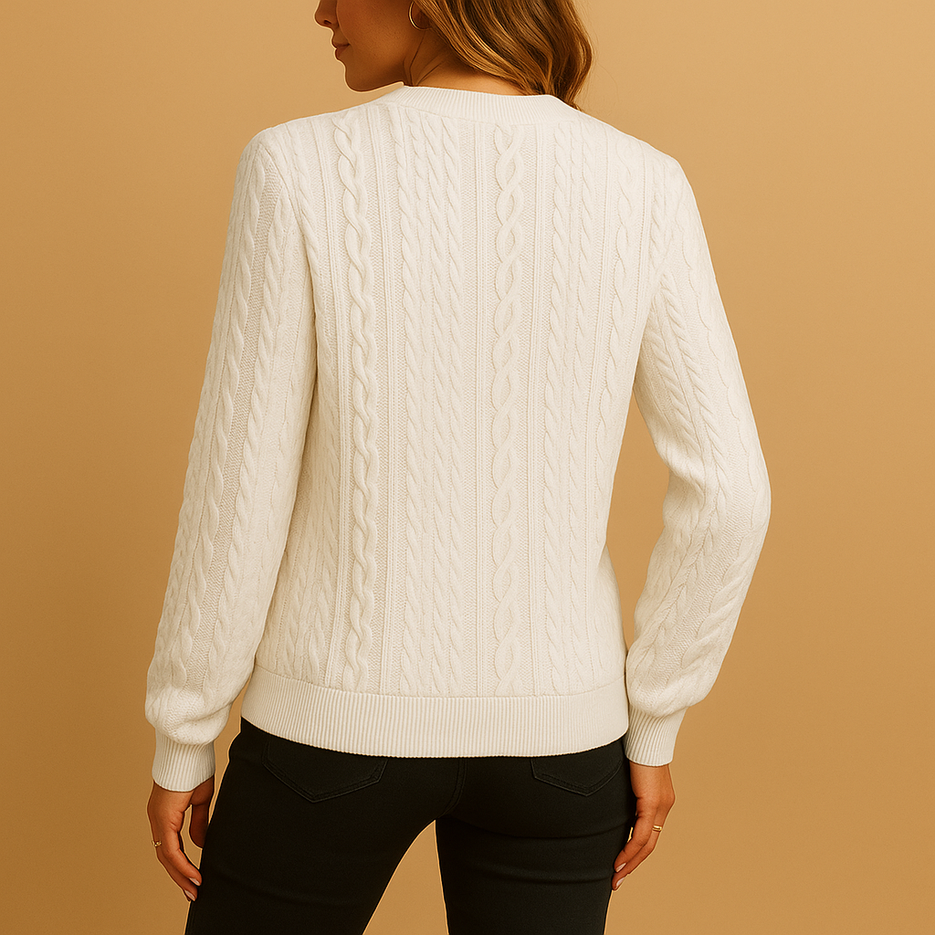 Women’s casual knitted sweater with relaxed fit, structured knit, and classic round neck, perfect for spring, autumn, and winter wear.