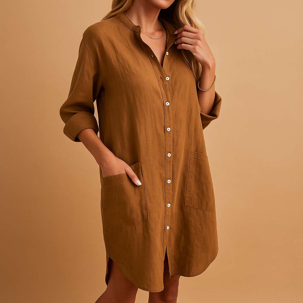 Casual shirt dress for women with soft fabric, modern details, and side pockets, perfect for work, casual wear, and stylish everyday looks.