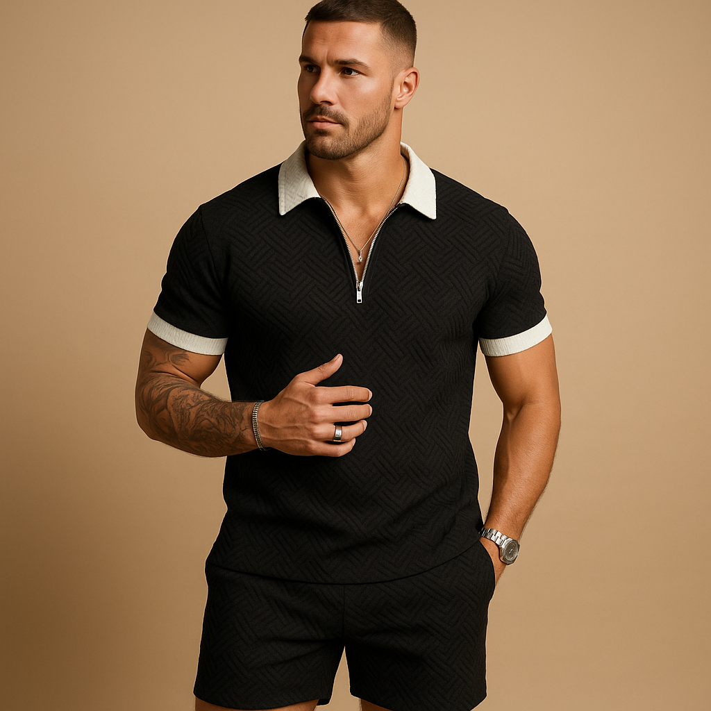 Casual summer set for men with matching T-shirt and shorts, designed in a loose fit with zip detail. Perfect for beach, leisure, and warm days.