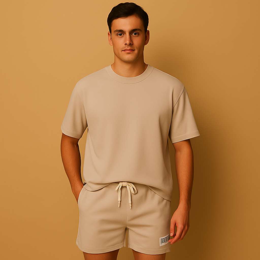 Men’s casual summer set with minimalist T-shirt and matching shorts in classic and bold colors. Relaxed fit, perfect for leisure and warm days.