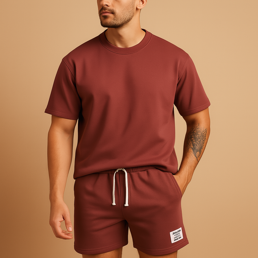 Men’s casual summer set with minimalist T-shirt and matching shorts in classic and bold colors. Relaxed fit, perfect for leisure and warm days.