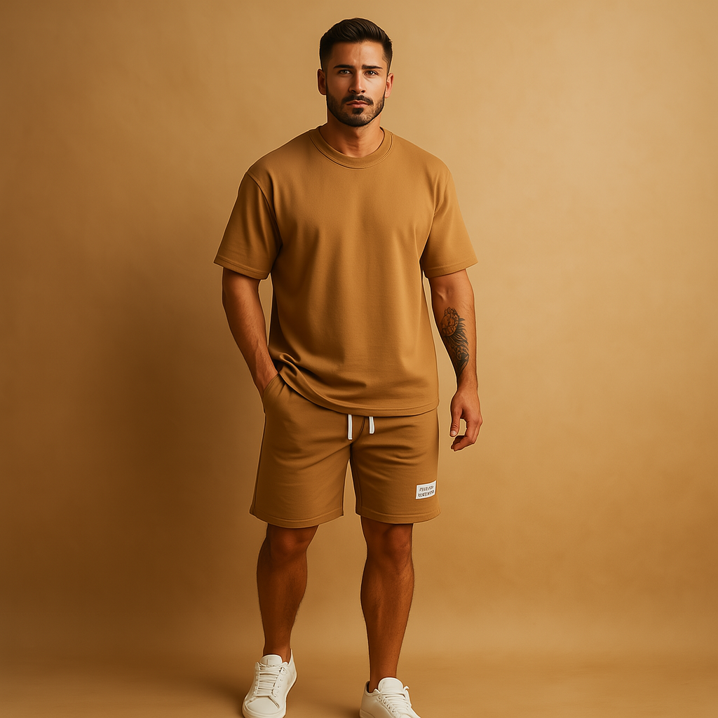 Men’s casual summer set with minimalist T-shirt and matching shorts in classic and bold colors. Relaxed fit, perfect for leisure and warm days.