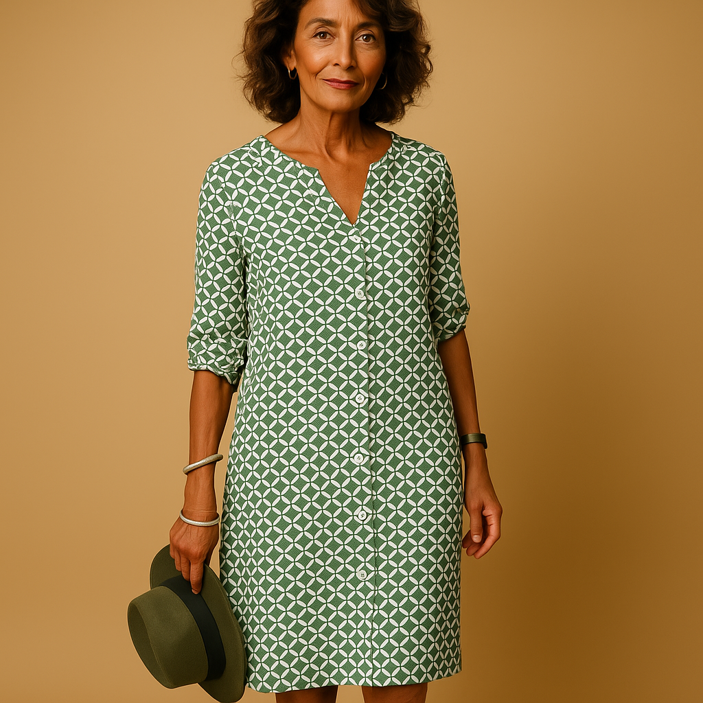 Light and airy women’s V-neck dress with half sleeves and a loose fit, perfect for casual wear, brunches, and warm days.