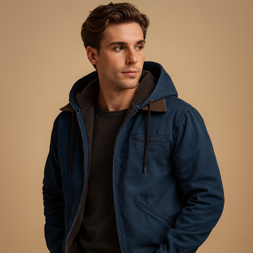 Men’s classic winter coat with hood, soft inner lining, and timeless design, perfect for cold days, work, and outdoor winter activities.