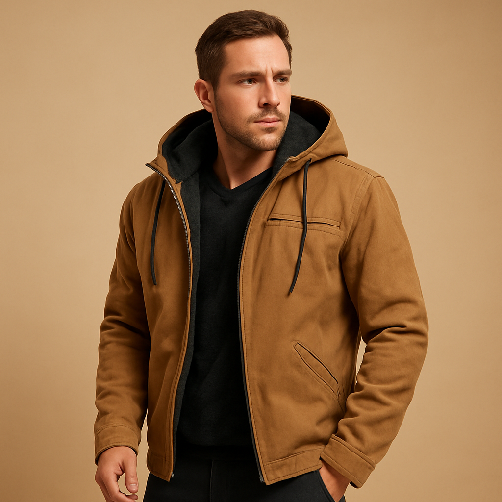 Men’s classic winter coat with hood, soft inner lining, and timeless design, perfect for cold days, work, and outdoor winter activities.