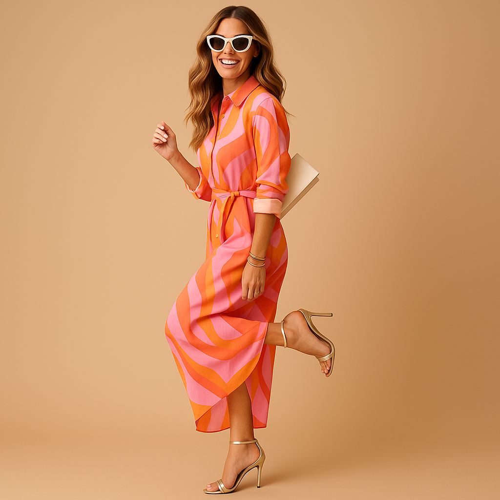 Colorful summer dress for women named Serena, featuring a breathable fabric, vibrant print, and flowy design ideal for beach days or summer events.