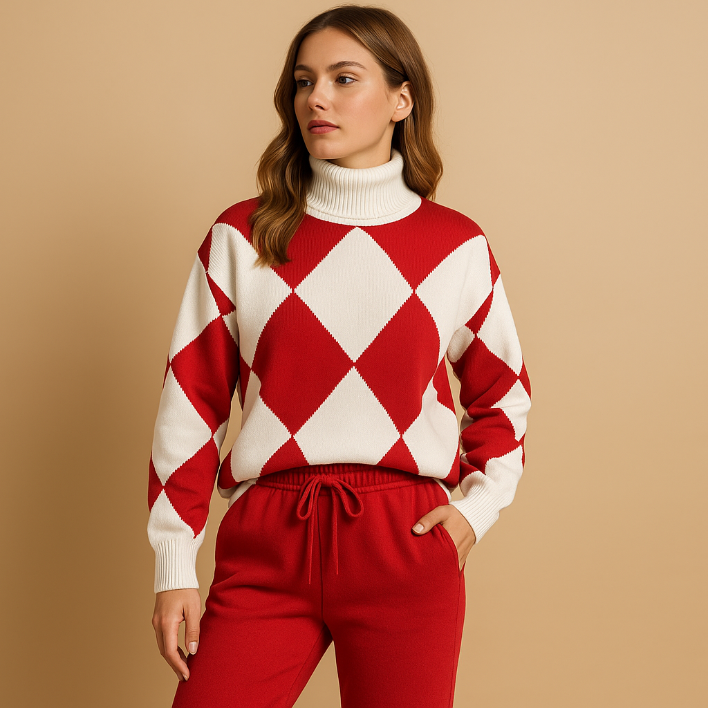 Comfortable women’s lounge set featuring a soft sweater and jogger pants, ideal for home wear or casual outings in a modern, minimalist style.
