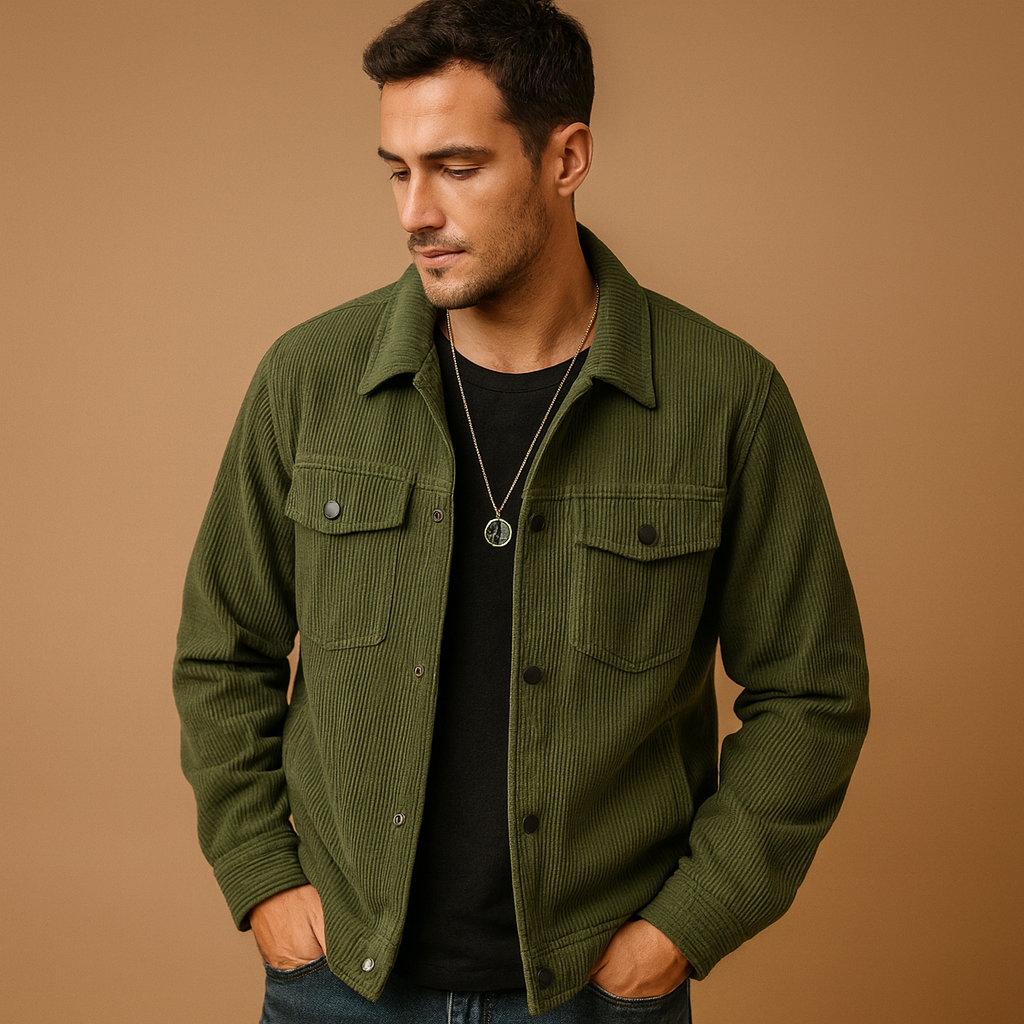 Men’s corduroy jacket with relaxed fit, timeless and versatile design, perfect for casual wear and multiple seasons.