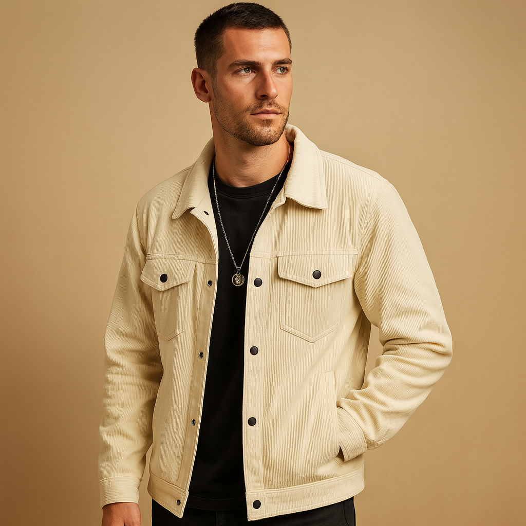 Men’s corduroy jacket with relaxed fit, timeless and versatile design, perfect for casual wear and multiple seasons.