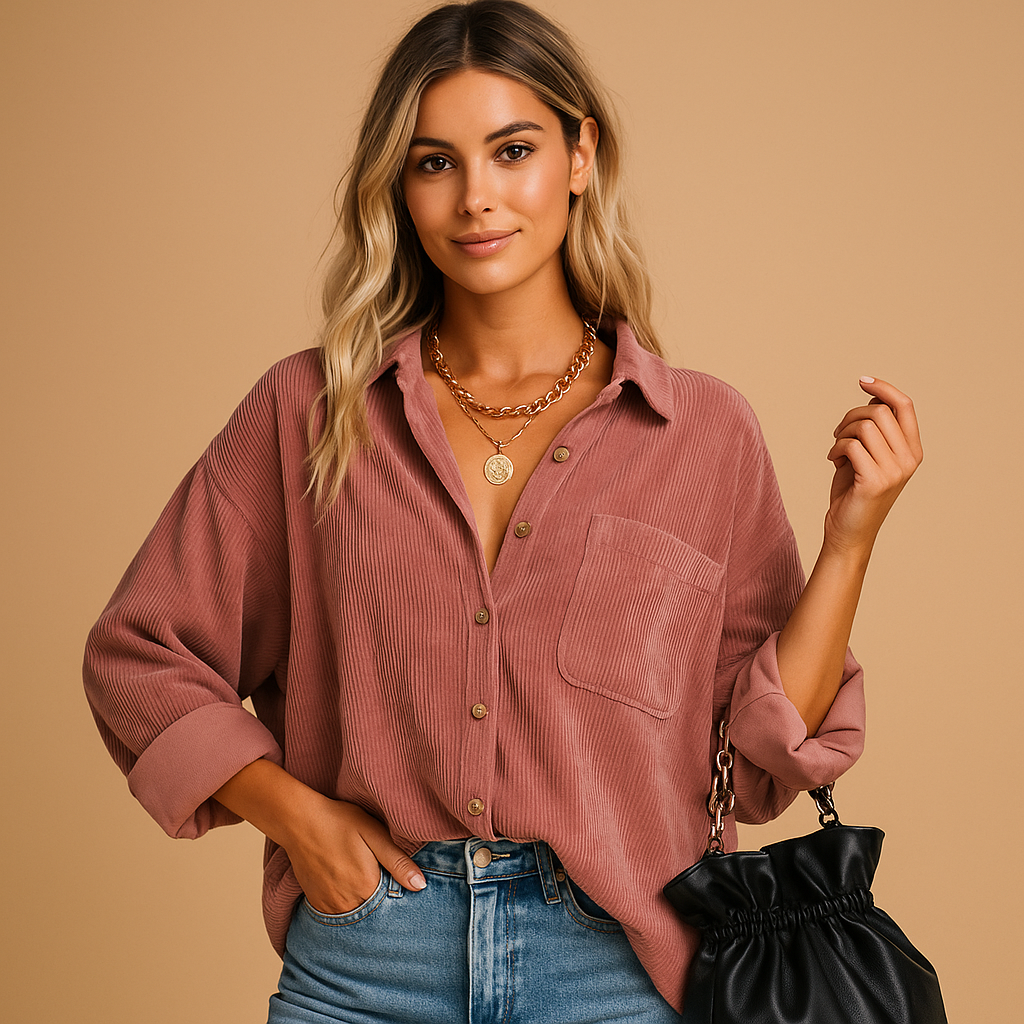 Women’s corduroy knitted jacket with ribbed details and relaxed fit. Perfect for layering in autumn, winter, spring, or cool summer evenings.