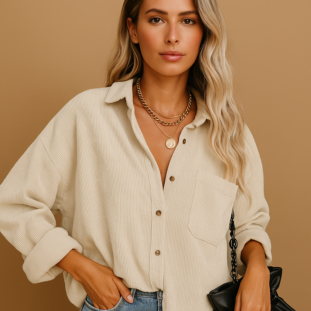 Women’s corduroy knitted jacket with ribbed details and relaxed fit. Perfect for layering in autumn, winter, spring, or cool summer evenings.