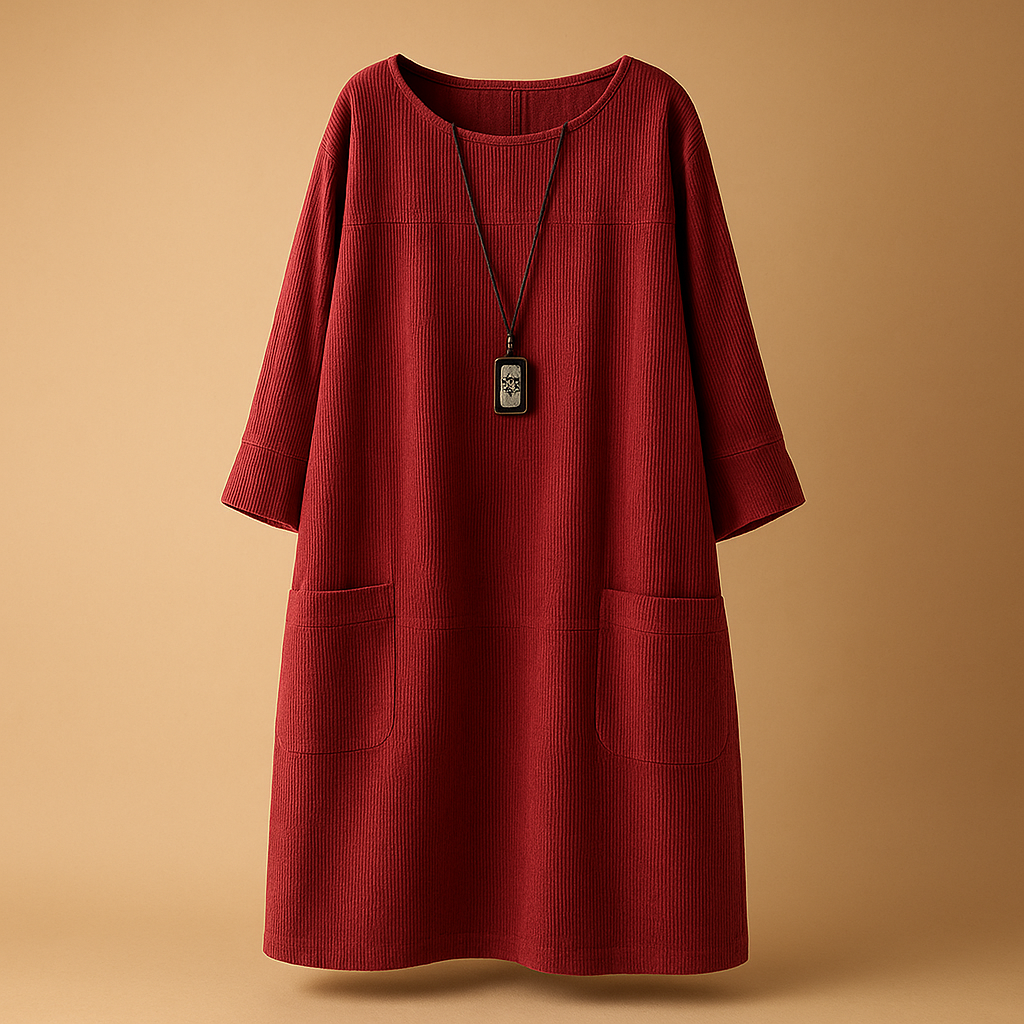 Corduroy summer dress for women named Elodie, featuring short sleeves, knee-length design, and a soft breathable texture ideal for warm casual days.