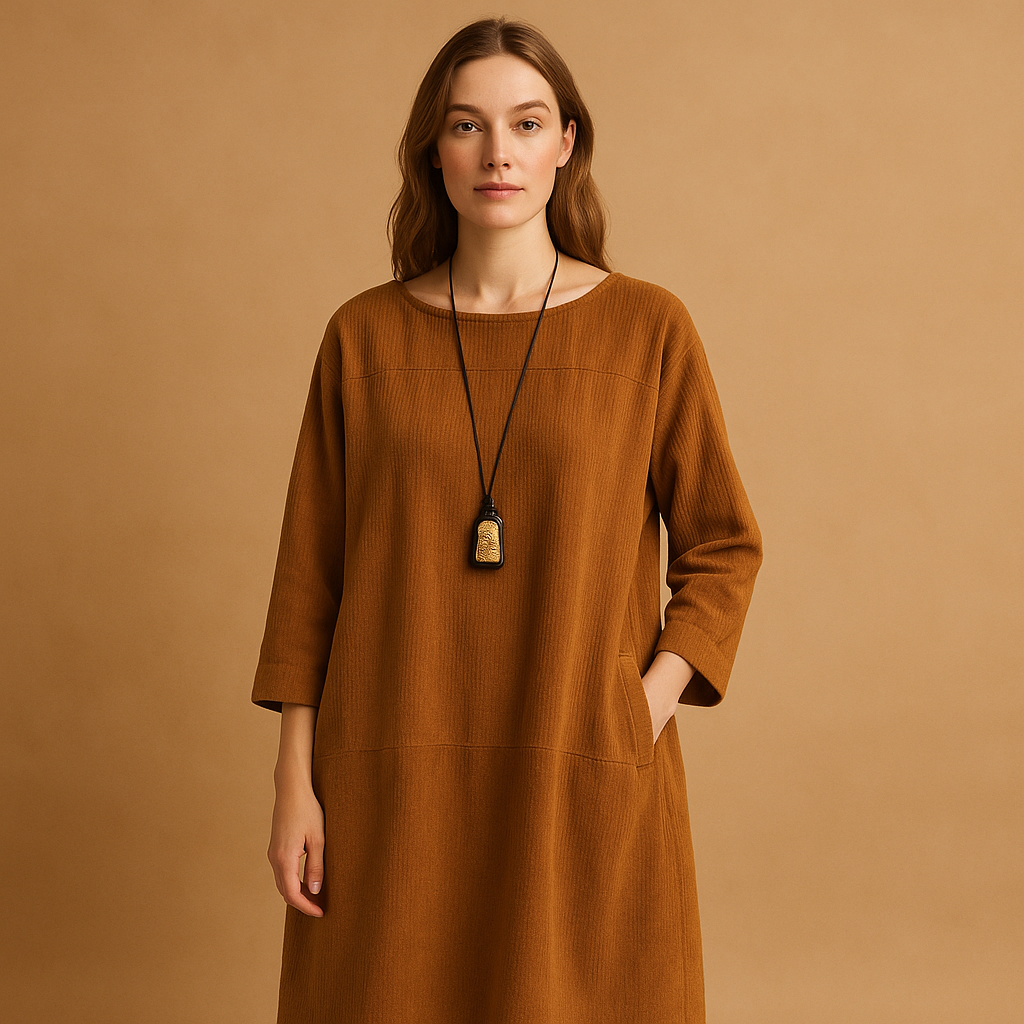 Corduroy summer dress for women named Elodie, featuring short sleeves, knee-length design, and a soft breathable texture ideal for warm casual days.