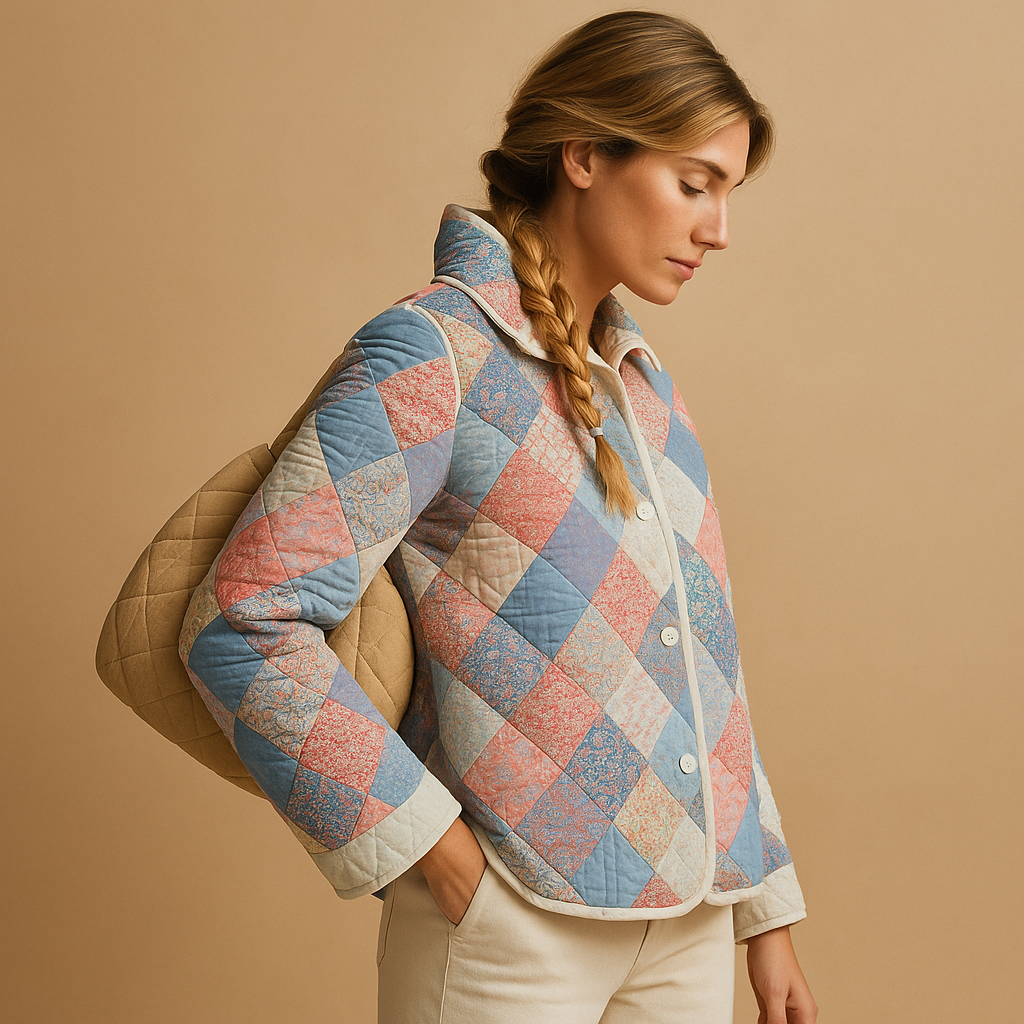 Cotton coat for women with slim fit, button details, and eye-catching prints, available in multicolor, pink beige, and pink blue.
