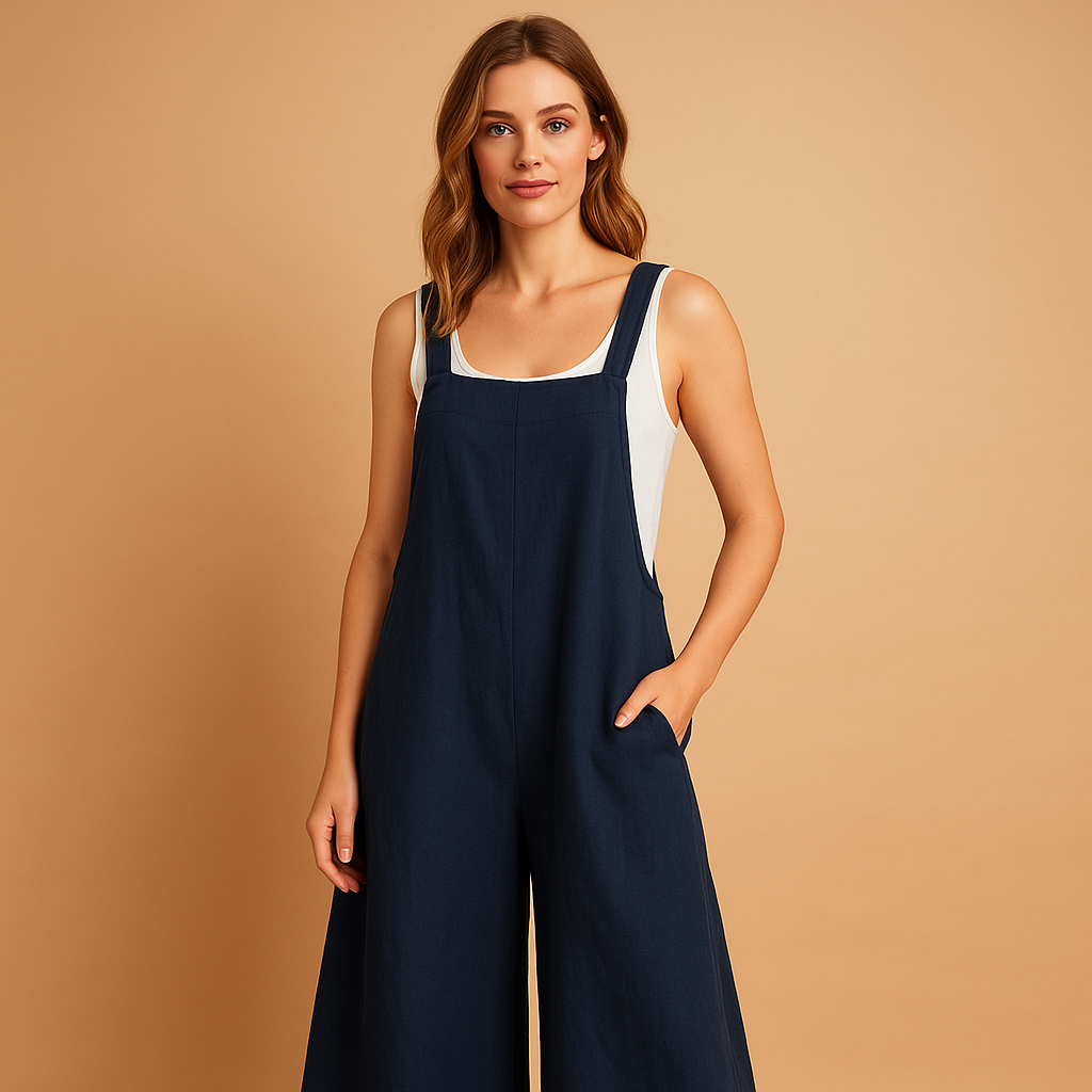 Women’s cotton linen summer jumpsuit with wide legs and loose fit, available in black & white, green & black, and dark blue & white.