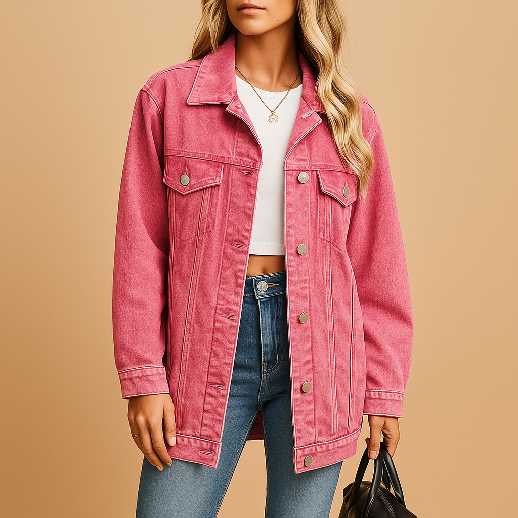 Denim winter jacket for women with slim fit, button closure, and warm lining in classic denim blue, perfect for casual wear or festive occasions.