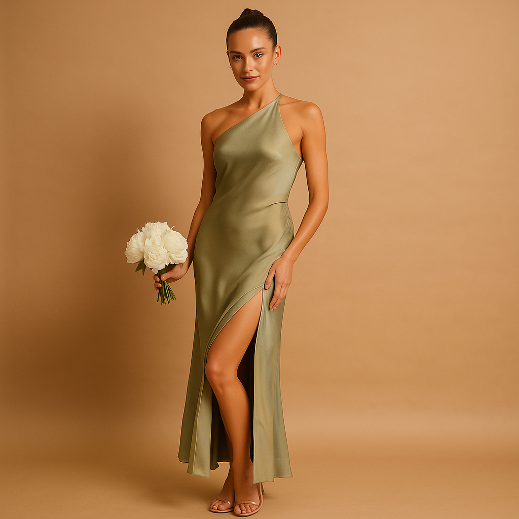 Women’s elegant evening dress with asymmetrical slit, slim fit, and stretchable fabric. Perfect for galas, formal dinners, parties, and special occasions.