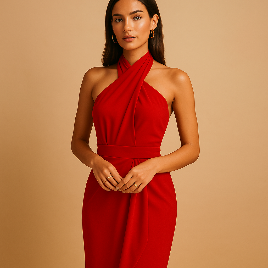 Elegant women’s halter dress with slim silhouette and stylish neckline, perfect for formal events, dinners, and evenings out.